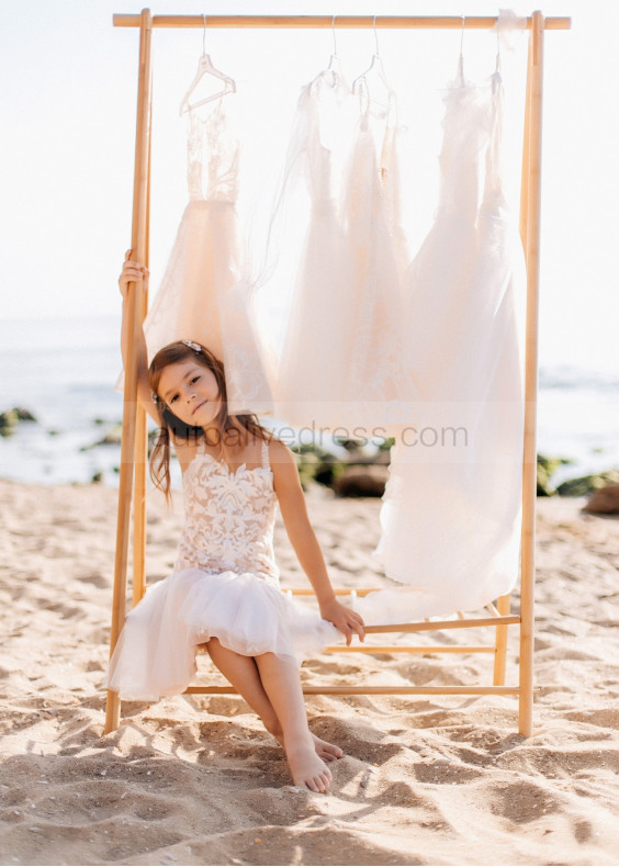 White Lace Tulle Keyhole Back Flower Girl Dress